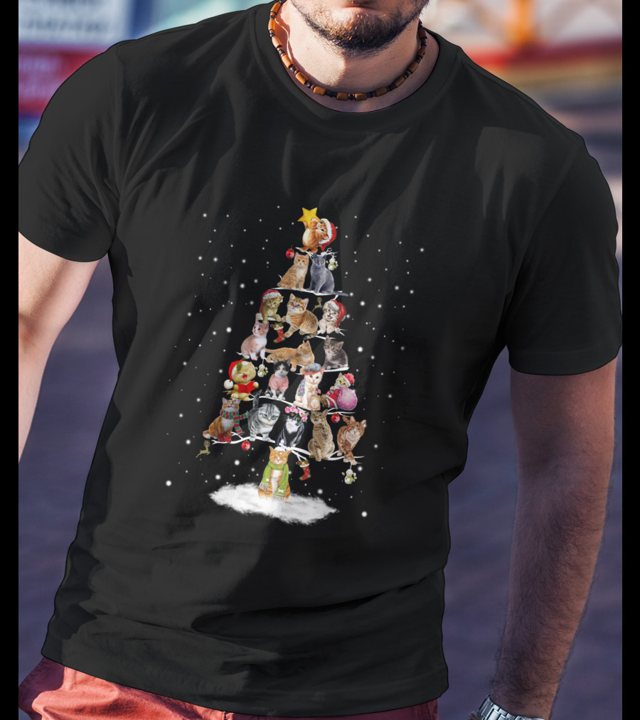 Cat Christmas Tree With Festive Cats And Holiday Ornaments T-Shirt