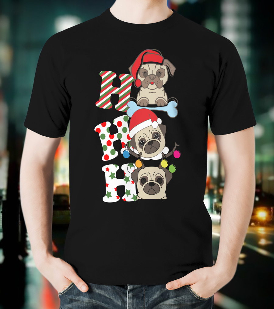 Ho Ho Ho Christmas Pug With Santa Hats And Holiday Lights T-Shirt