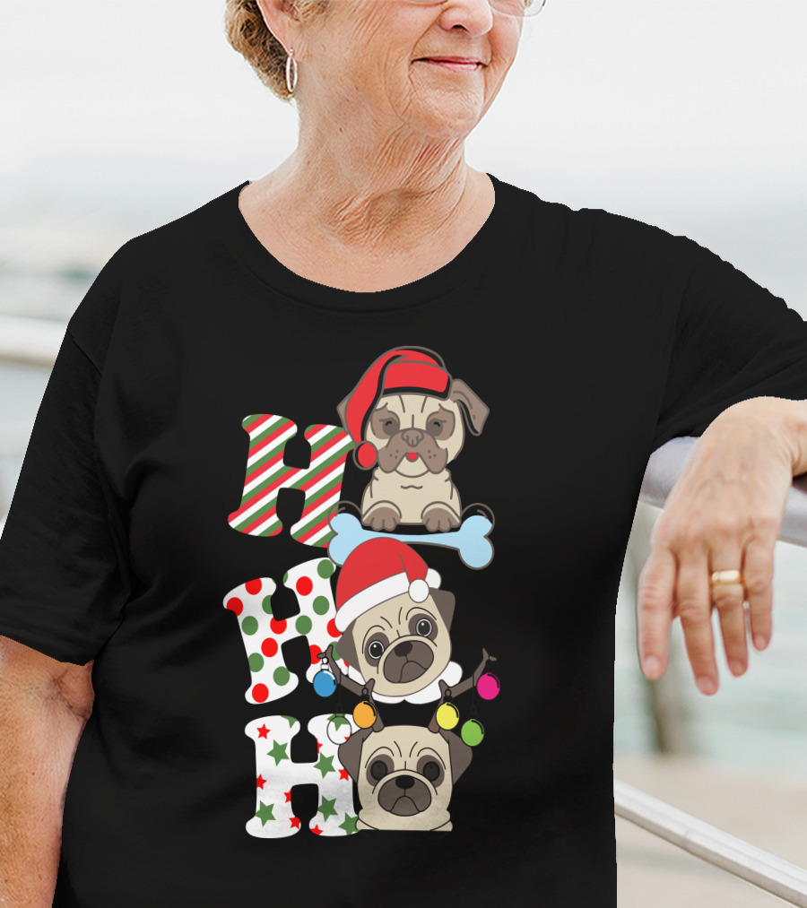 Ho Ho Ho Christmas Pug With Santa Hats And Holiday Lights T-Shirt