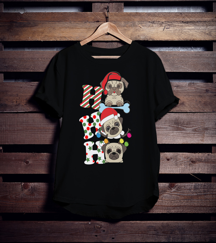 Ho Ho Ho Christmas Pug With Santa Hats And Holiday Lights T-Shirt
