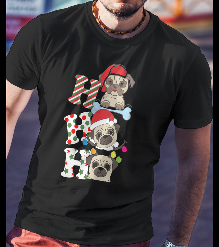 Ho Ho Ho Christmas Pug With Santa Hats And Holiday Lights T-Shirt