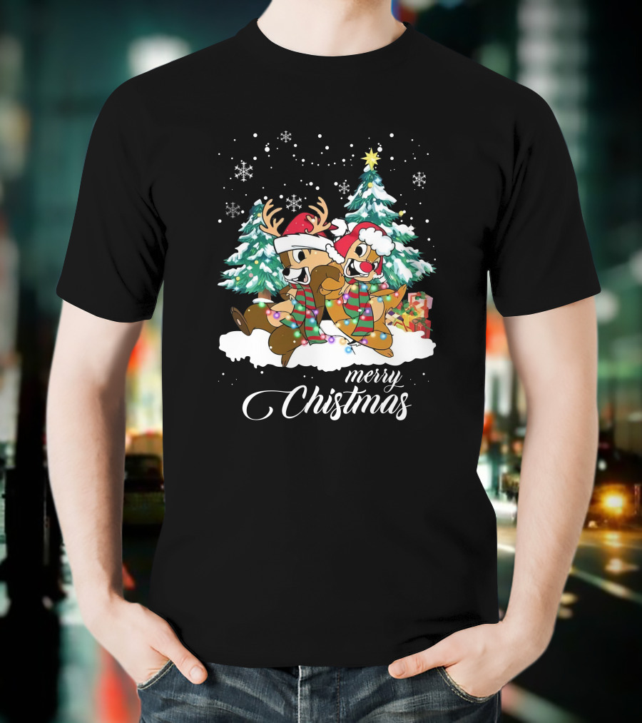 Merry Christmas Chip And Dale Holiday Cheer Reindeer Antlers Santa Hats Winter Wonderland T-Shirt