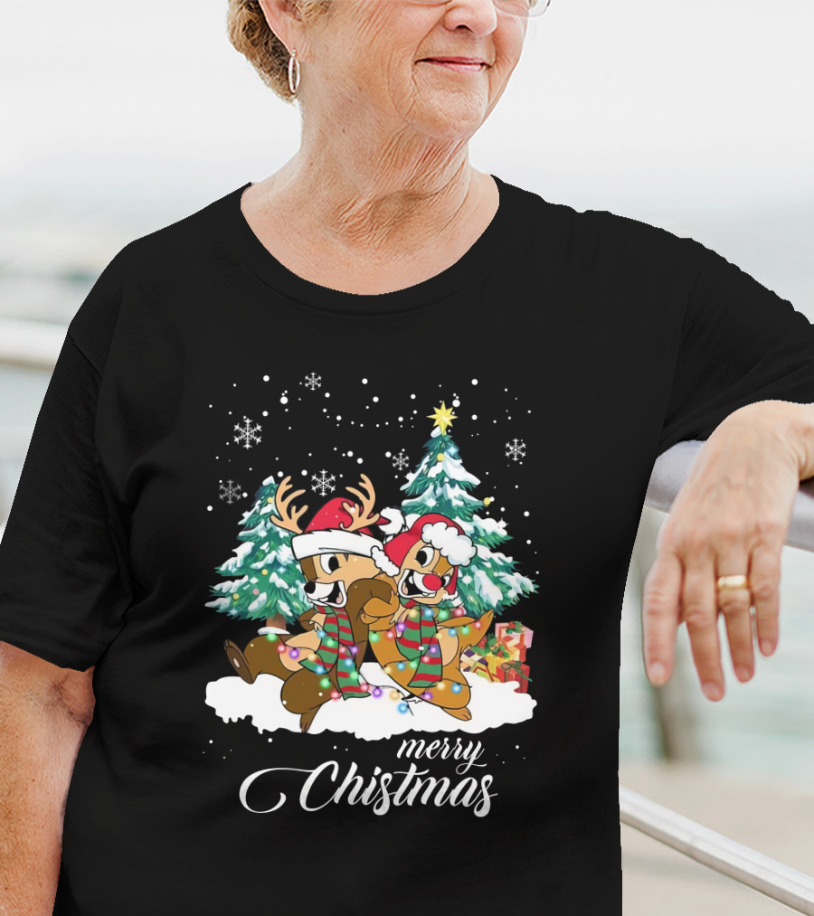Merry Christmas Chip And Dale Holiday Cheer Reindeer Antlers Santa Hats Winter Wonderland T-Shirt