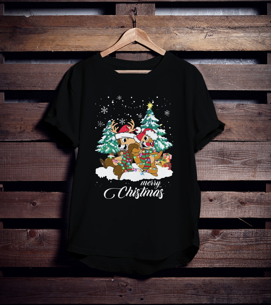 Merry Christmas Chip And Dale Holiday Cheer Reindeer Antlers Santa Hats Winter Wonderland T-Shirt