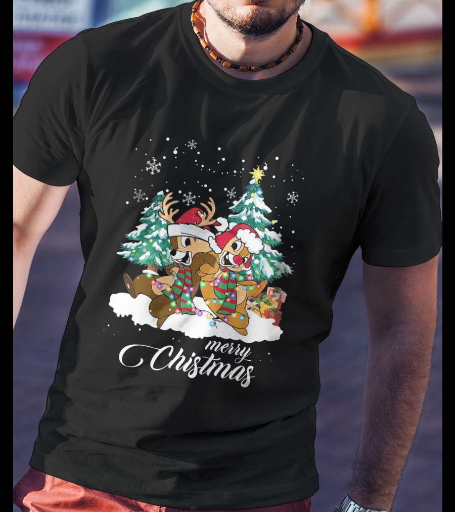 Merry Christmas Chip And Dale Holiday Cheer Reindeer Antlers Santa Hats Winter Wonderland T-Shirt