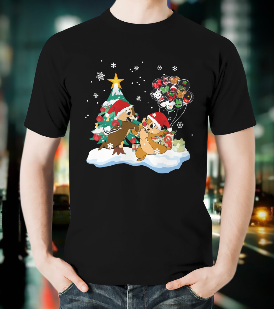 Chip And Dale Christmas Tree Santa Hats Snowflakes Balloons T-Shirt
