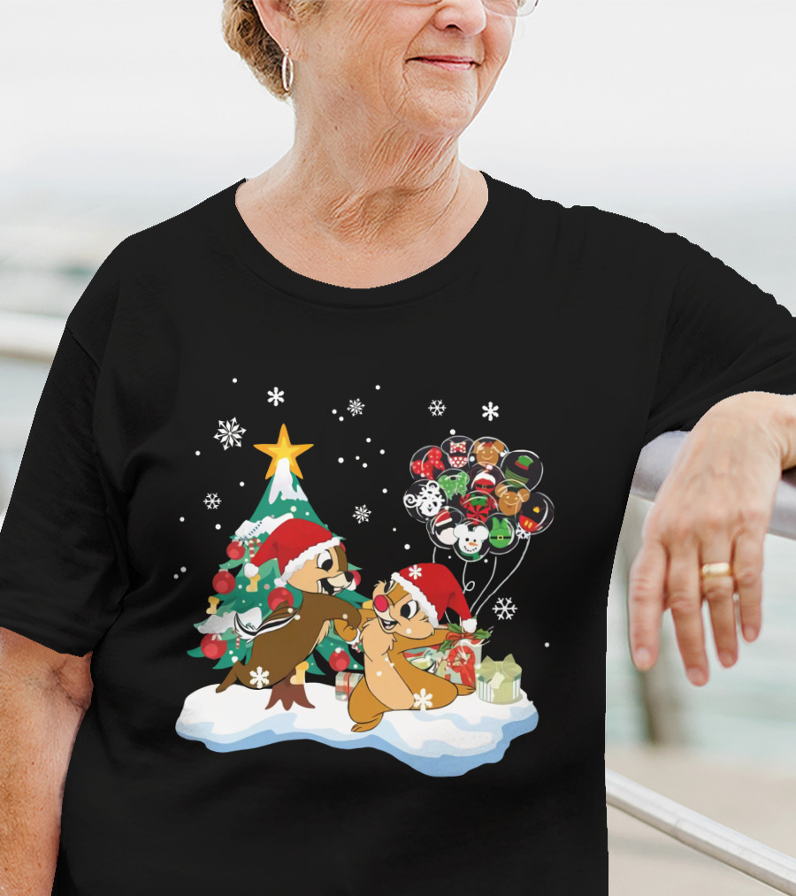 Chip And Dale Christmas Tree Santa Hats Snowflakes Balloons T-Shirt
