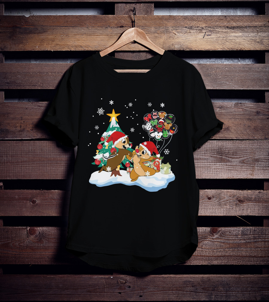 Chip And Dale Christmas Tree Santa Hats Snowflakes Balloons T-Shirt