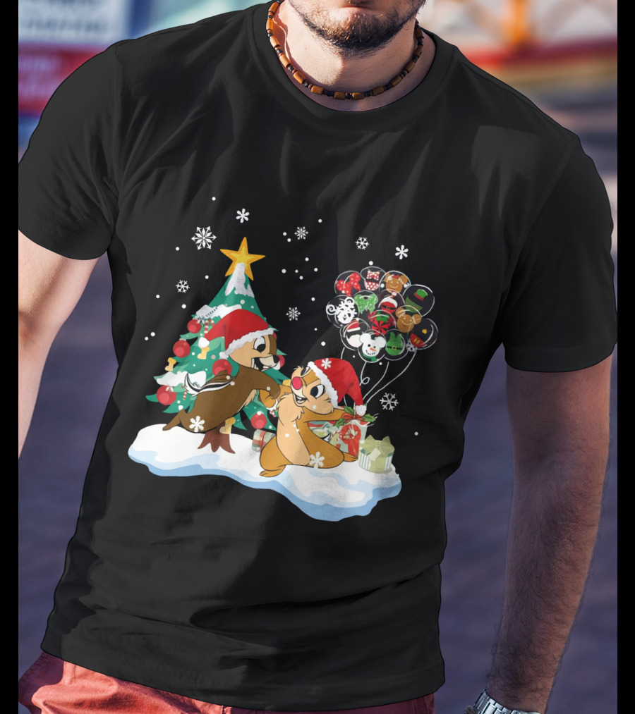 Chip And Dale Christmas Tree Santa Hats Snowflakes Balloons T-Shirt