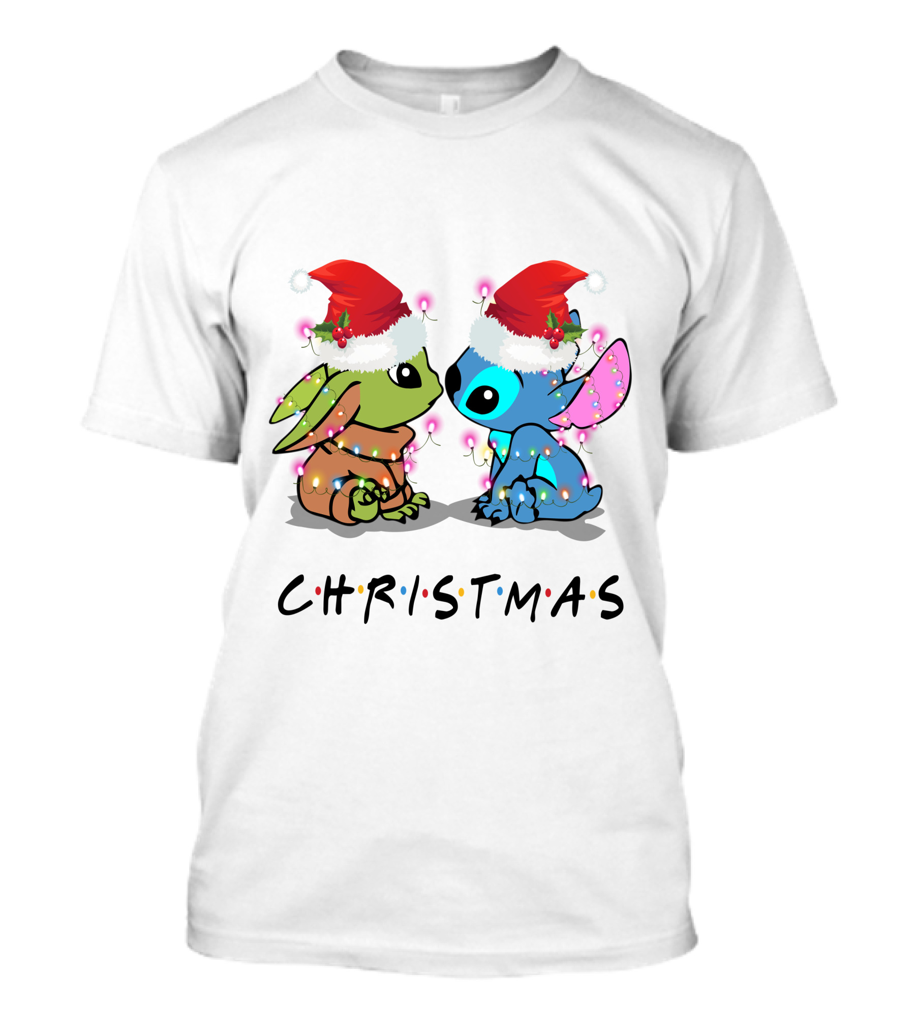 Yoda And Stitch Christmas Santa Hats Holiday Lights T-Shirt