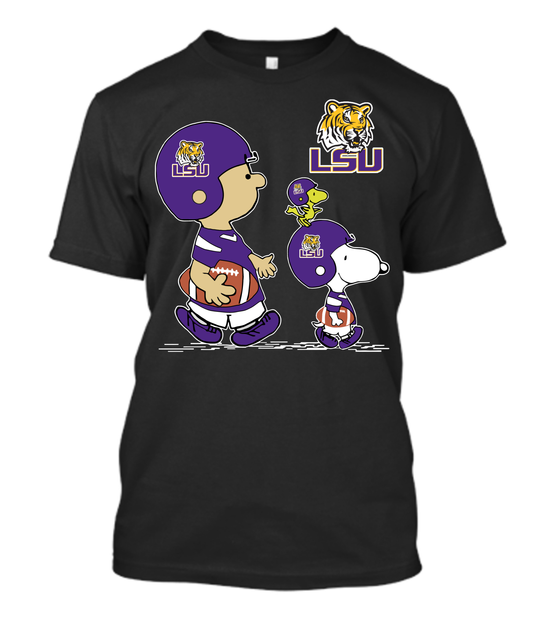 Peanuts Characters In LSU Tigers Football Gear With Helmet And Football T-Shirt