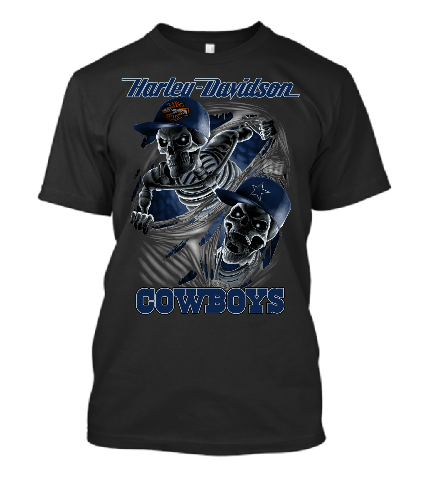 Harley Davidson Cowboys Skeletons In Caps Blue And Silver T-Shirt