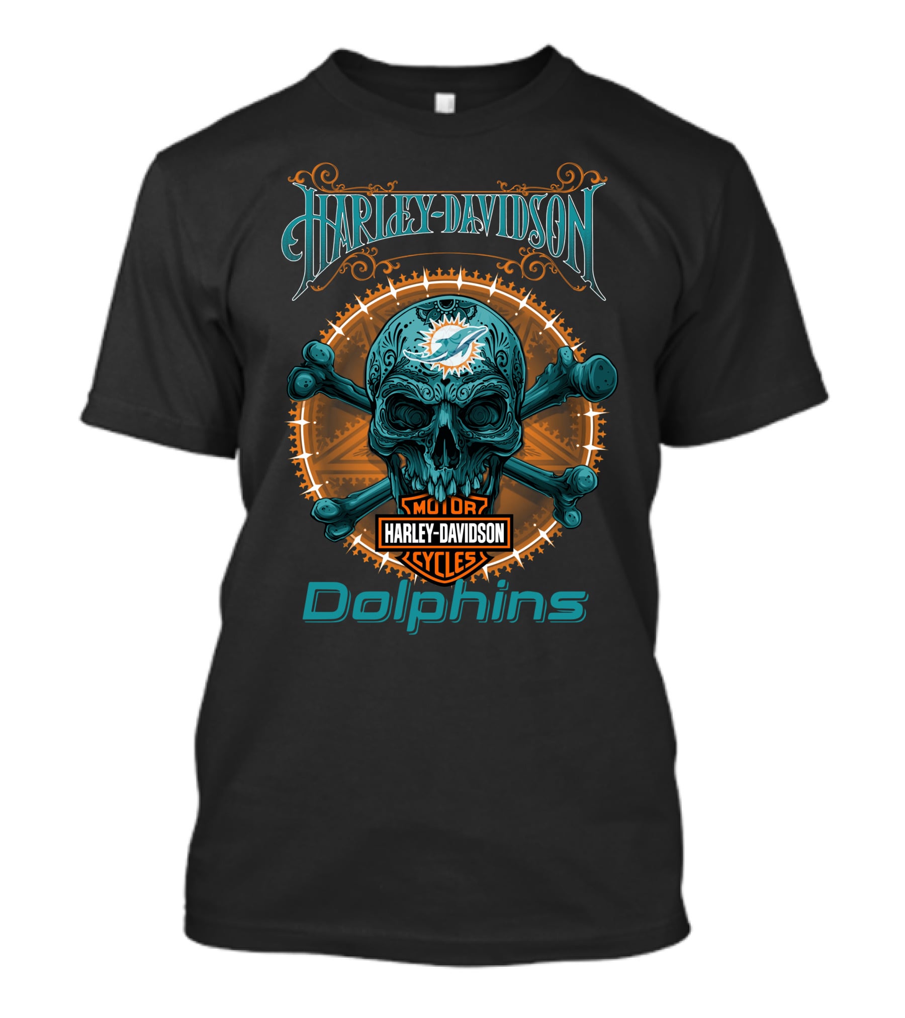 Harley Davidson Miami Dolphins Motor Cycles Skeleton Skull T-Shirt