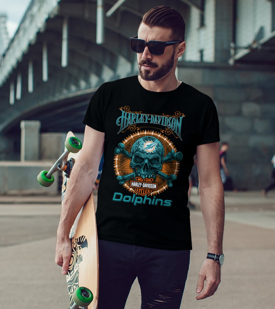 Harley Davidson Miami Dolphins Motor Cycles Skeleton Skull T-Shirt