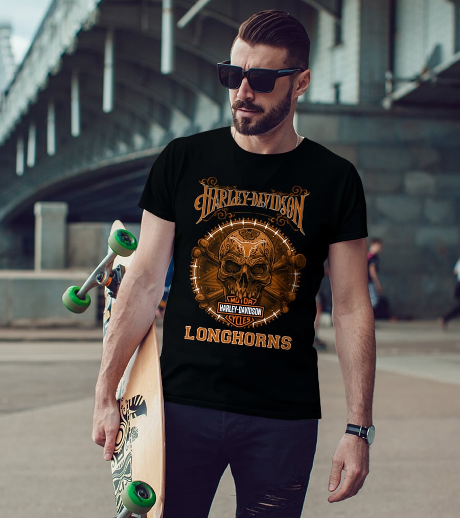 Harley Davidson Longhorns Skull Design Motor Cycles T-Shirt