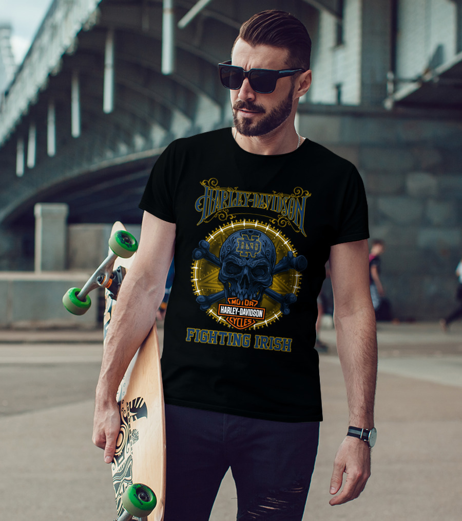 Harley Davidson Notre Dame Fighting Irish Skull Nd Motor Cycles T-Shirt