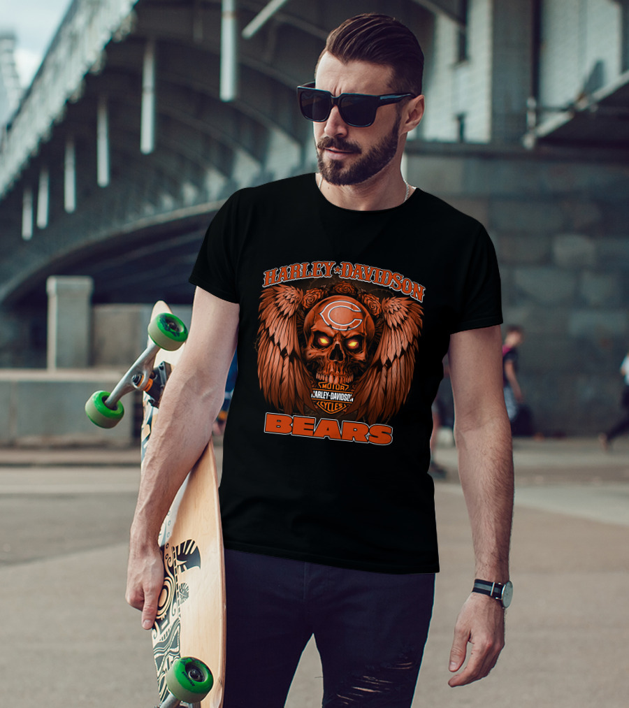 Harley Davidson Chicago Bears Motor Cycles Skull T-Shirt