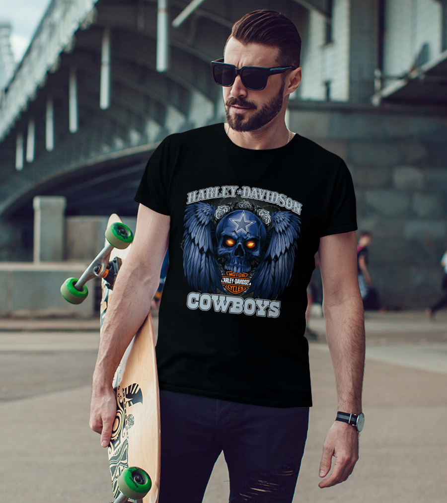 Harley Davidson Cycles Cowboys Skull With Wings And Star T-Shirt