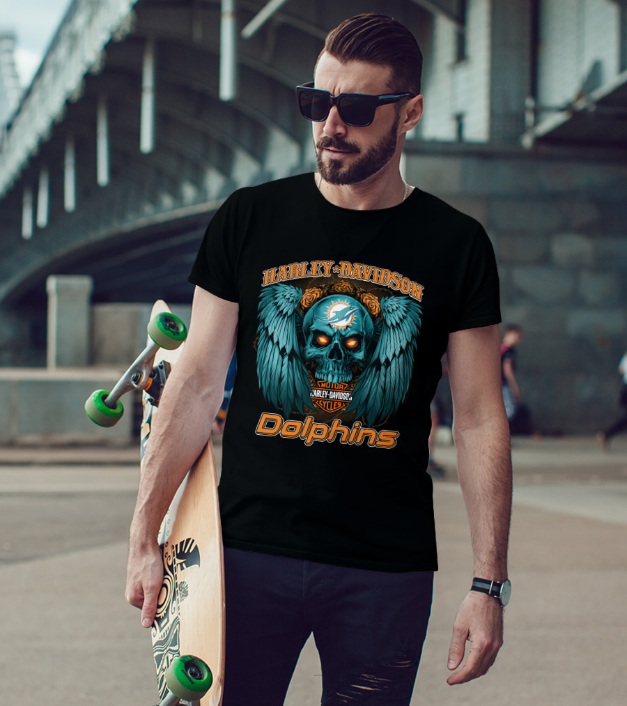 Harley Davidson Miami Dolphins Skull Wings T-Shirt