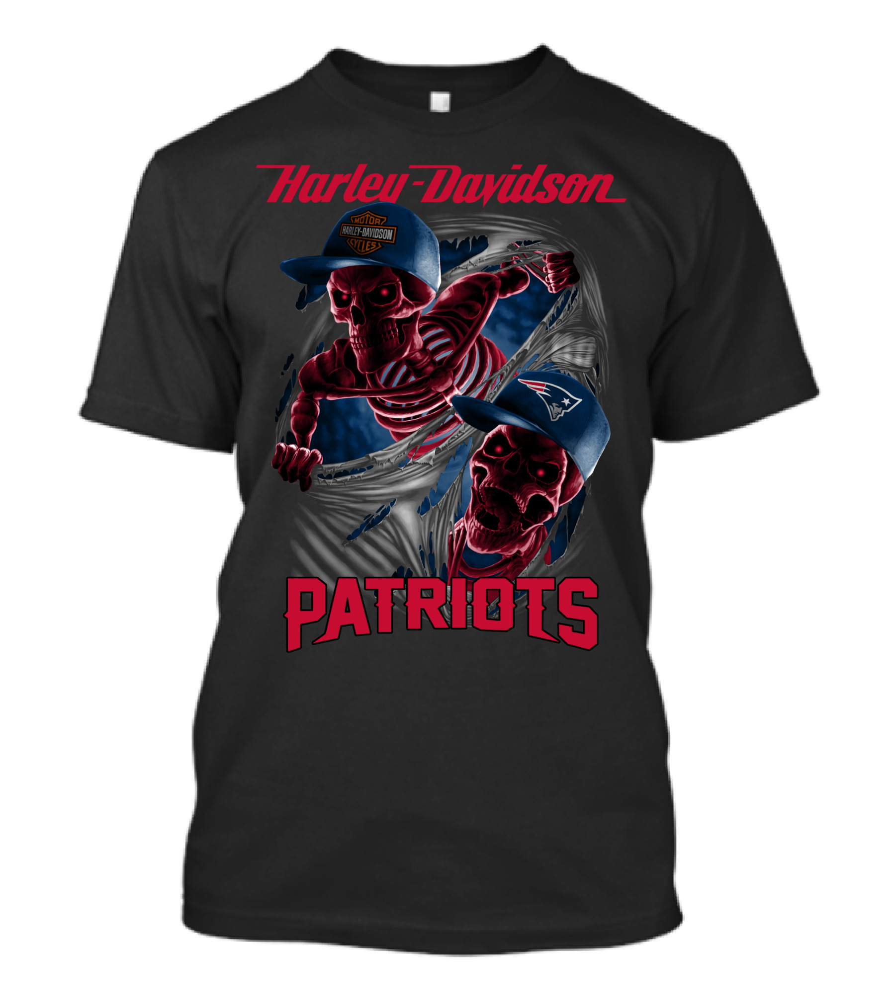 Harley Davidson New England Patriots Skeletons In Baseball Caps T-Shirt