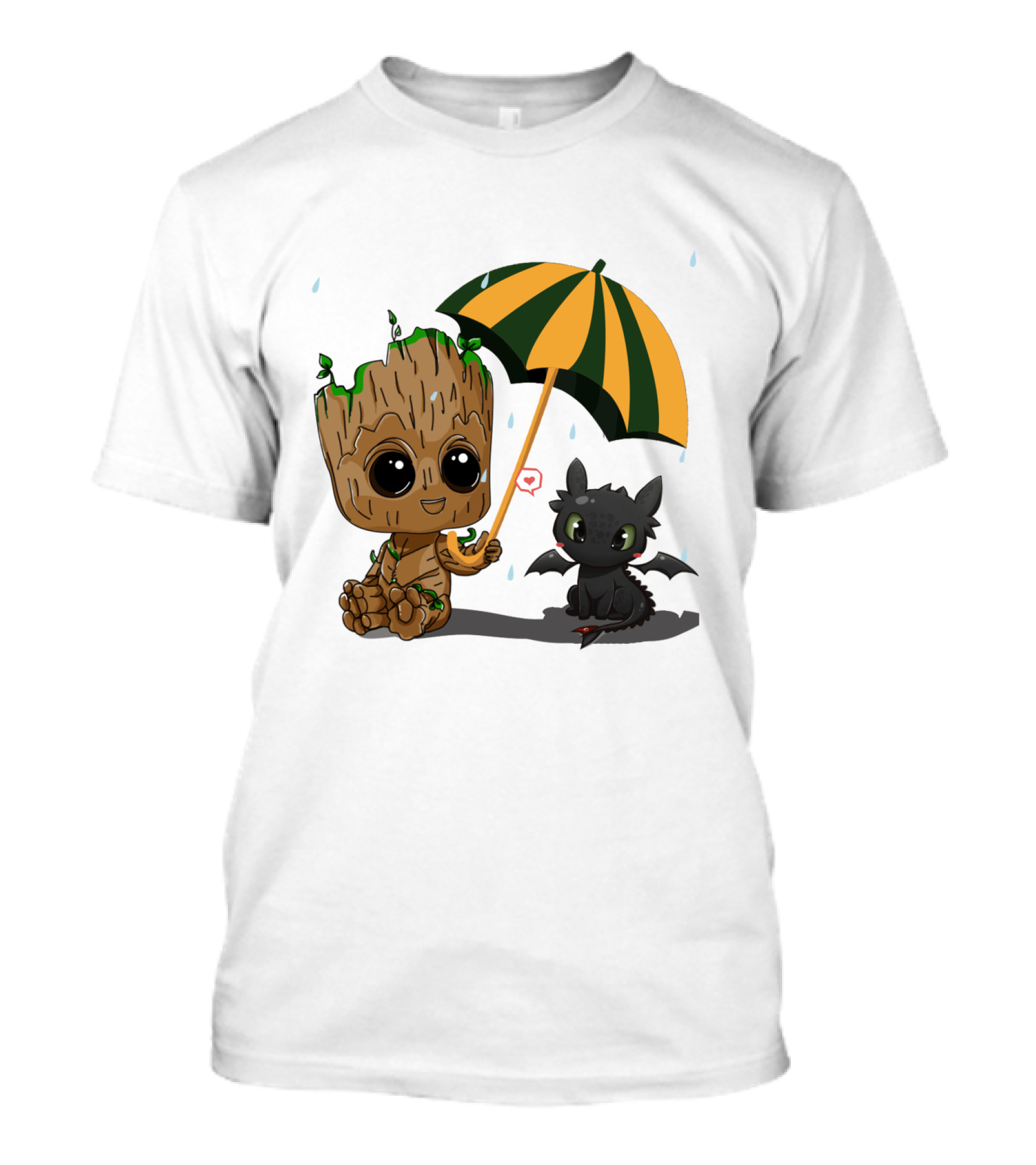 Groot And Little Hiccup Dragon Sharing Umbrella In The Rain T-Shirt