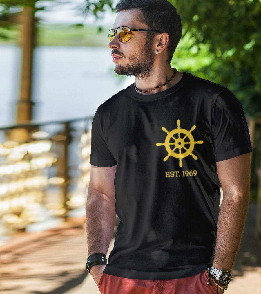 Benitez Sailing Est. 1969 Yellow Ship Wheel Emblem T-Shirt