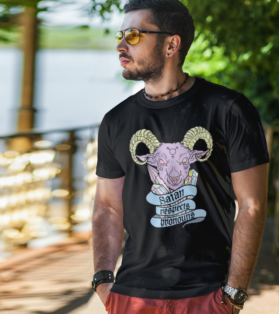 Satan Respects Pronouns Pastel Goat Head With Horns And Gender Symbols T-Shirt