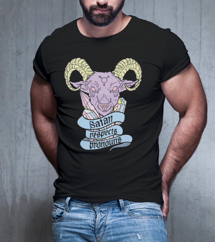 Satan Respects Pronouns Pastel Goat Head With Horns And Gender Symbols T-Shirt