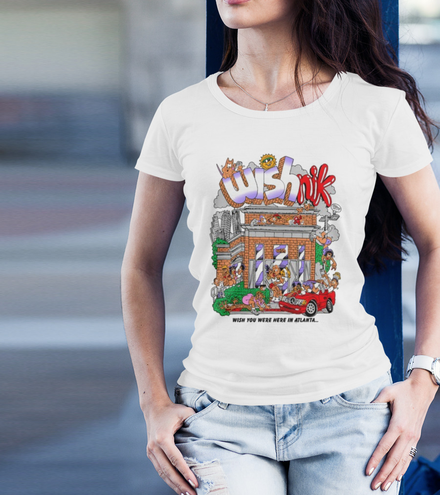 Wishnik Wish You Were Here In Atlanta Cartoon Car Crowd Scene T-Shirt