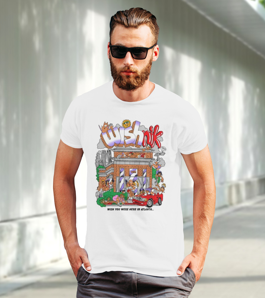 Wishnik Wish You Were Here In Atlanta Cartoon Car Crowd Scene T-Shirt
