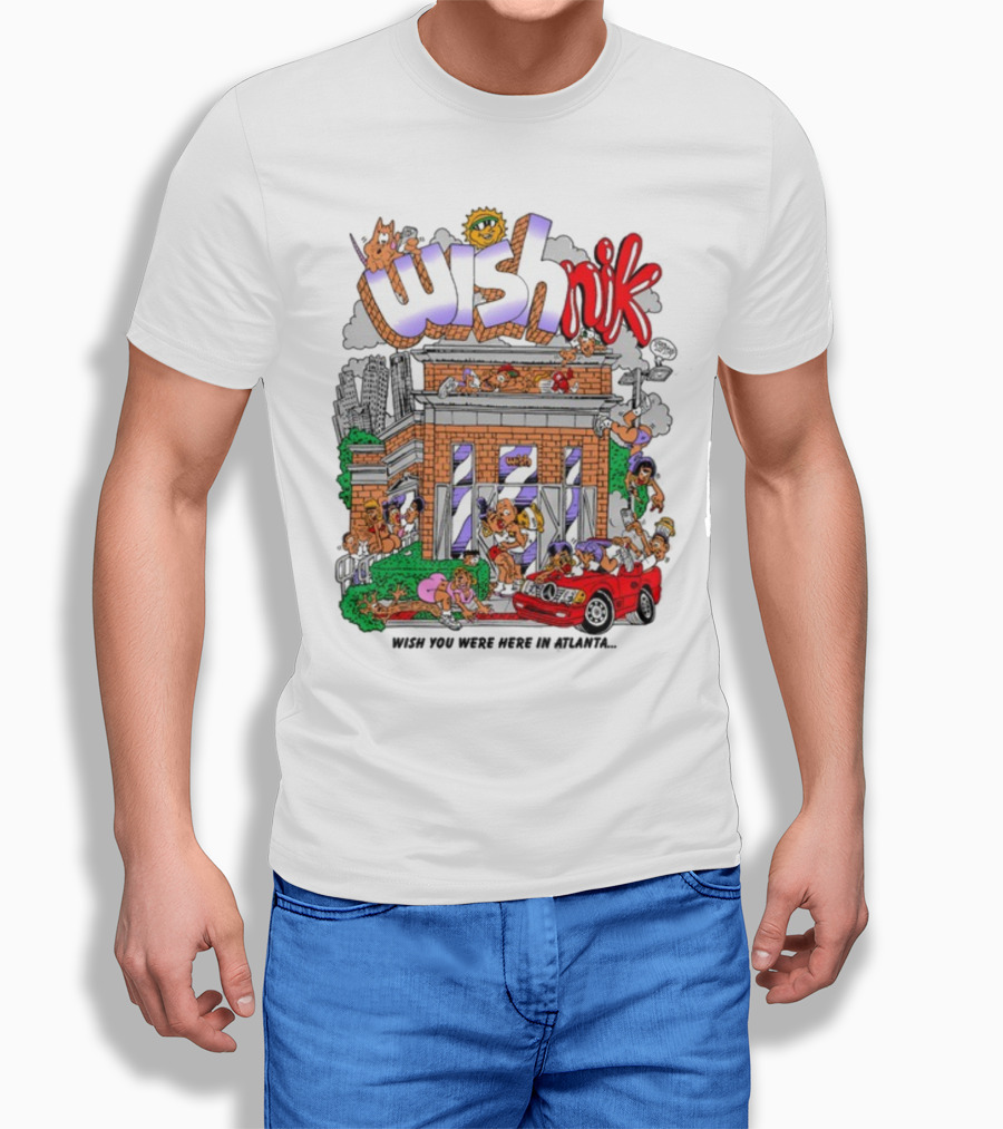 Wishnik Wish You Were Here In Atlanta Cartoon Car Crowd Scene T-Shirt