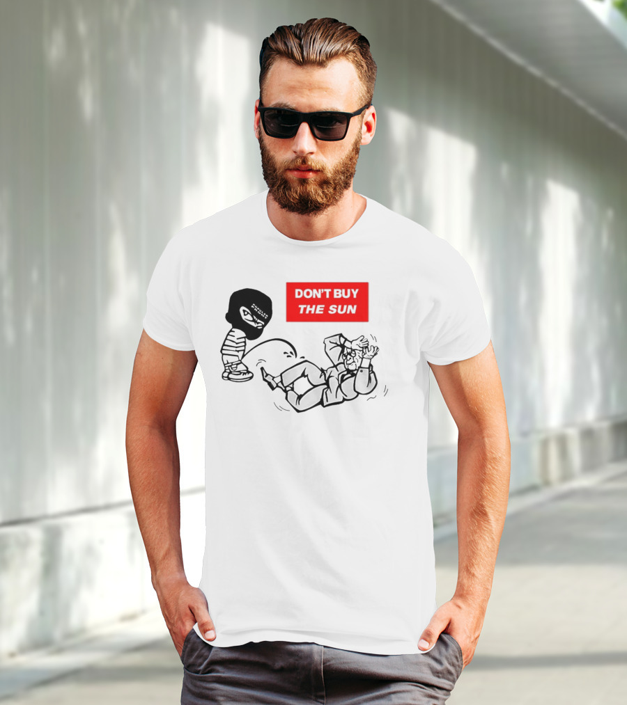 Don't Buy The Sun Graphic With Cartoon Character And Masked Figure Mocking Gesture T-Shirt