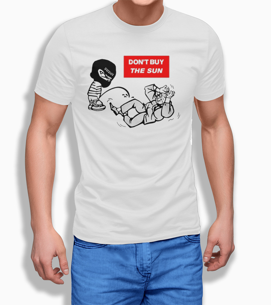 Don't Buy The Sun Graphic With Cartoon Character And Masked Figure Mocking Gesture T-Shirt