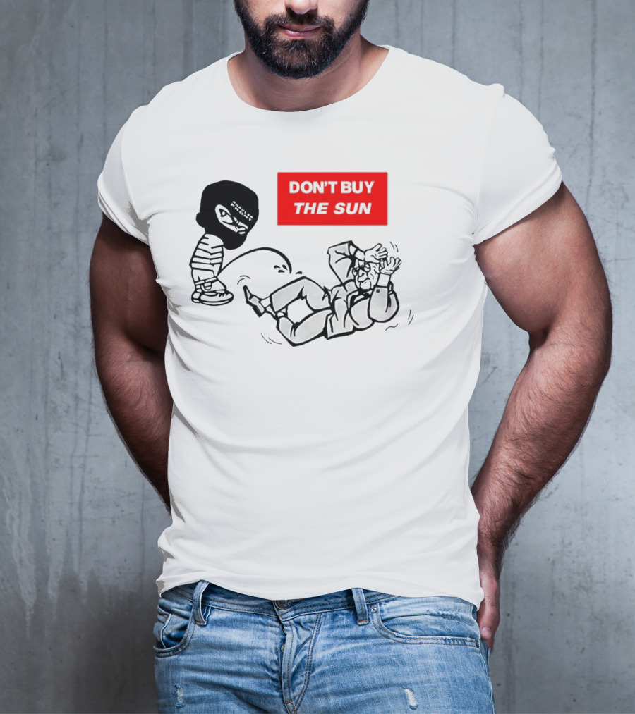Don't Buy The Sun Graphic With Cartoon Character And Masked Figure Mocking Gesture T-Shirt