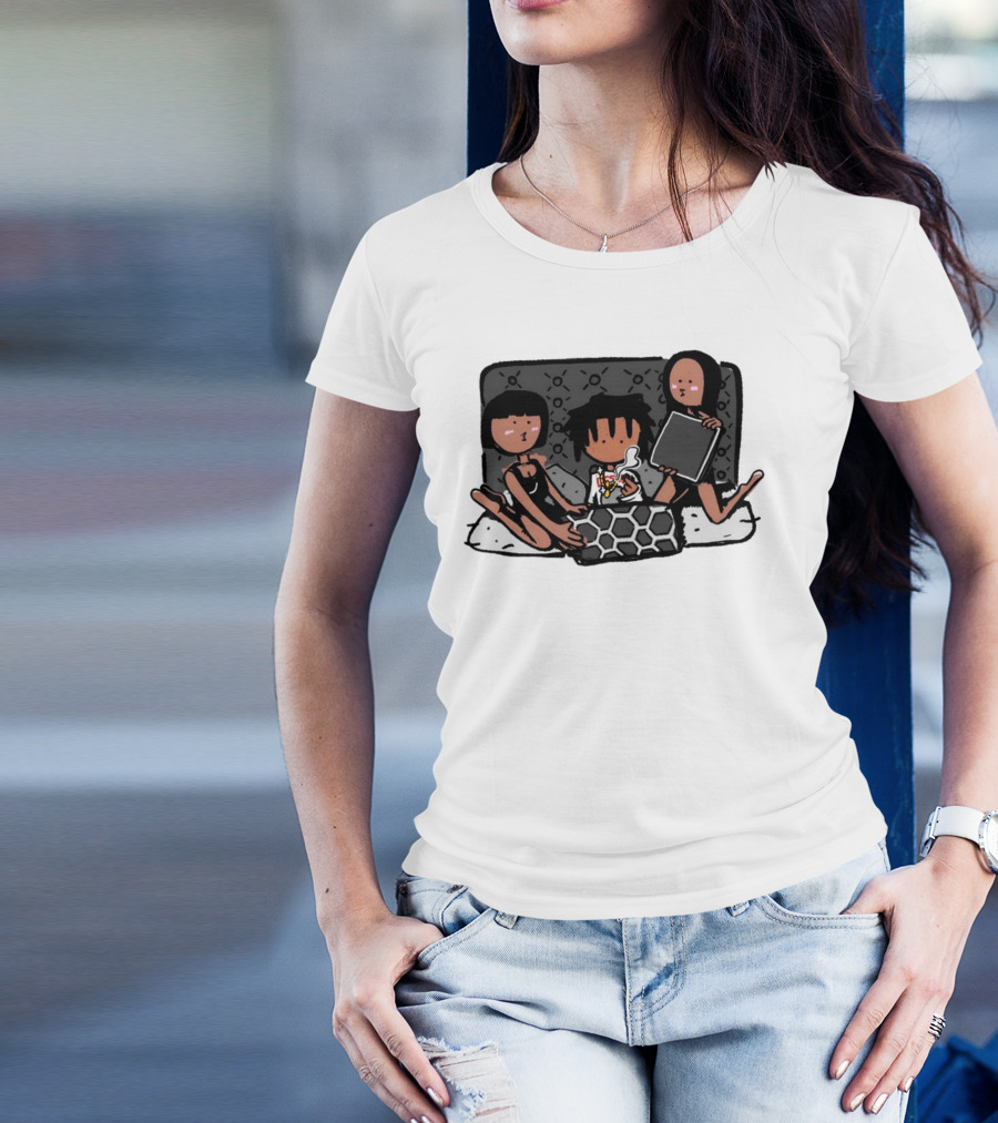 Kodone Playboi Carti Self Titled Cartoon Character With Two Figures In Black Outlines And Geometric T-Shirt