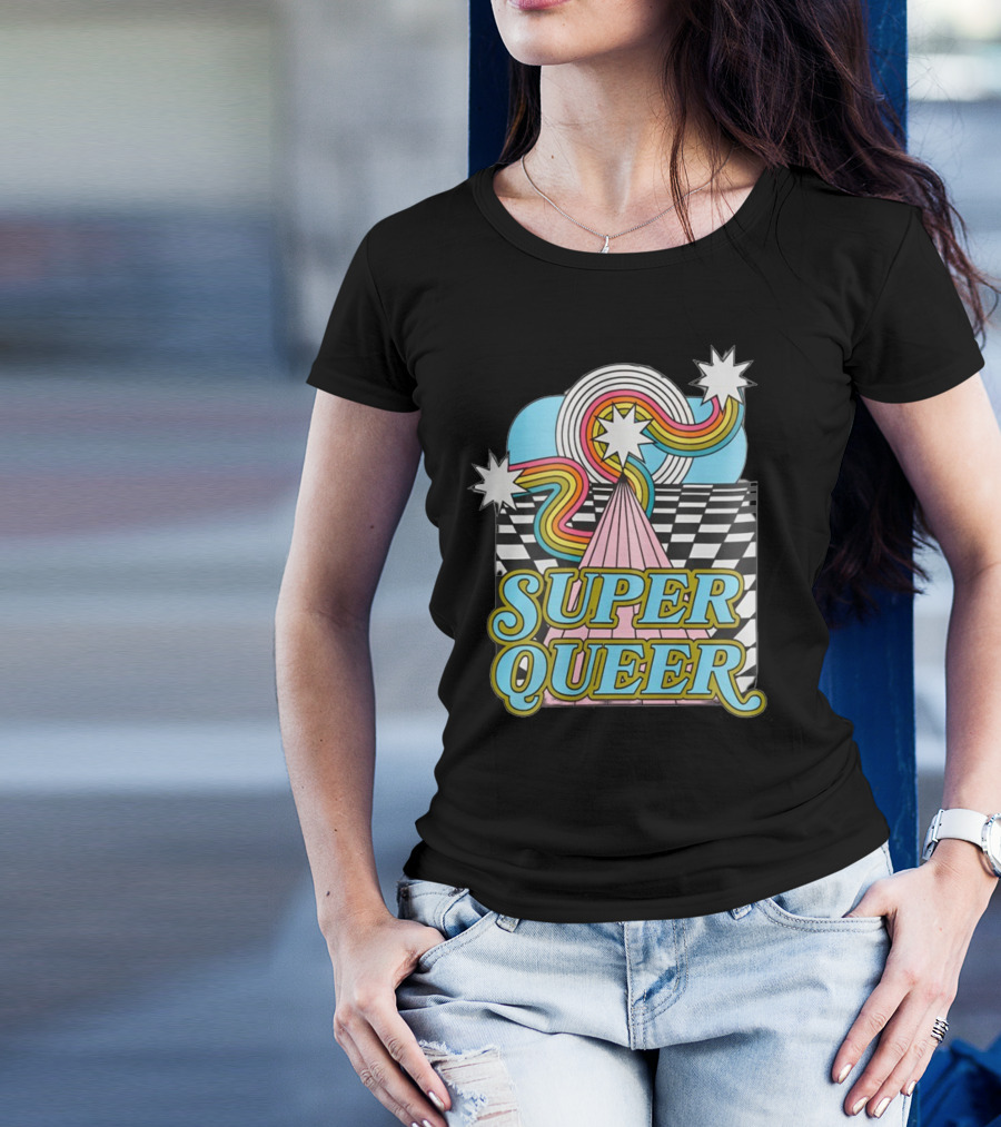 Super Queer Retro Rainbow Starburst Checkered Sky Burst T-Shirt