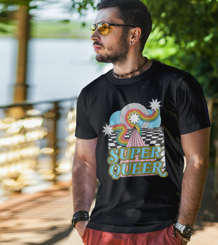 Super Queer Retro Rainbow Starburst Checkered Sky Burst T-Shirt