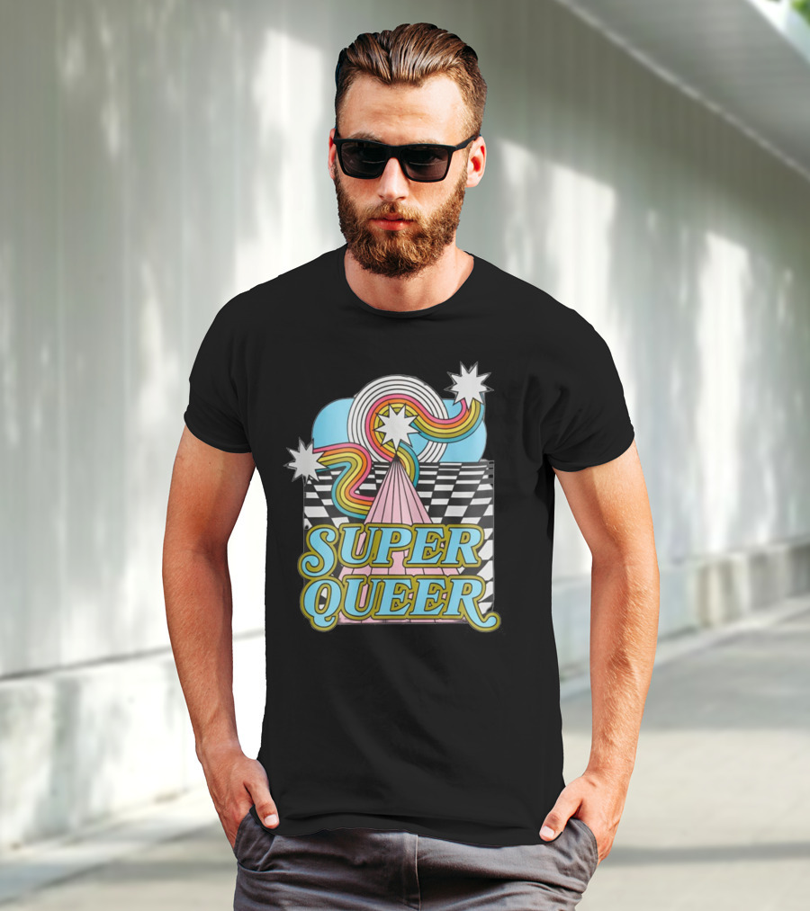 Super Queer Retro Rainbow Starburst Checkered Sky Burst T-Shirt