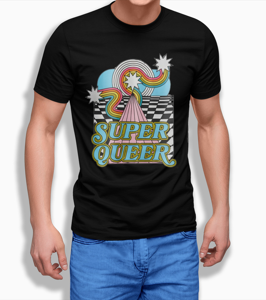 Super Queer Retro Rainbow Starburst Checkered Sky Burst T-Shirt