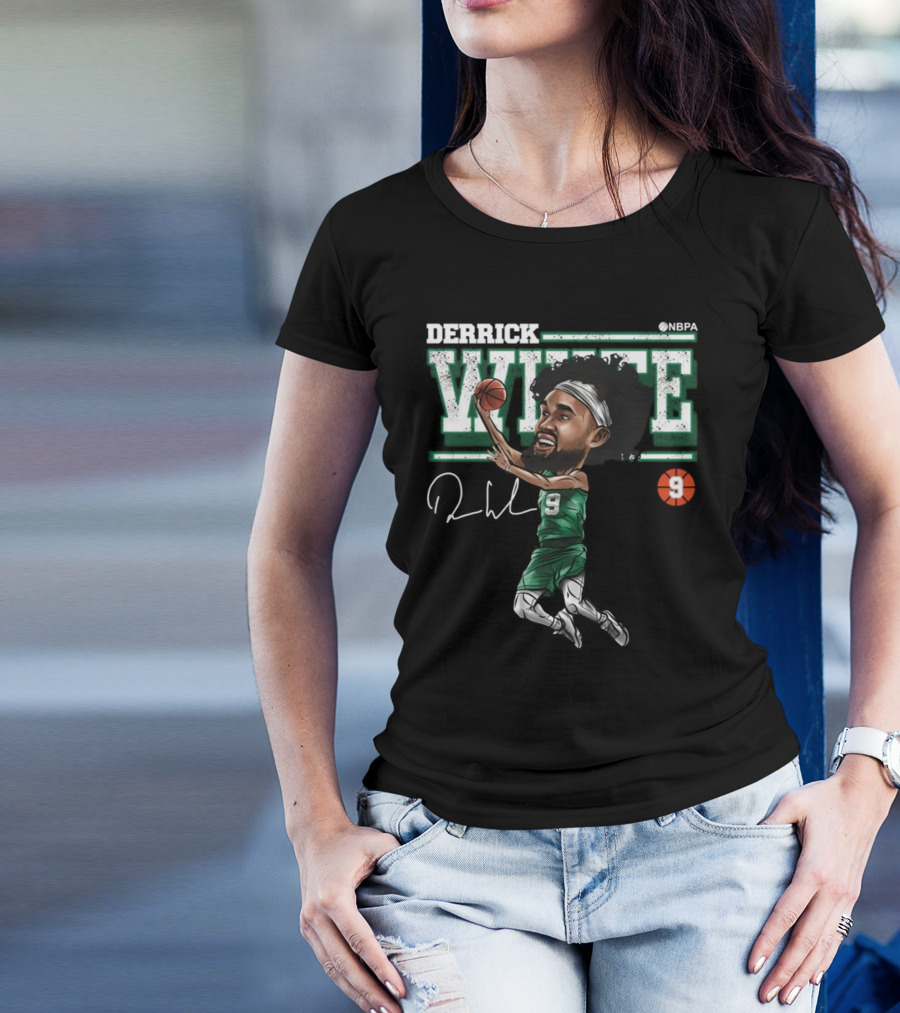Derrick White NBPA Boston Basketball Cartoon Number 9 T-Shirt