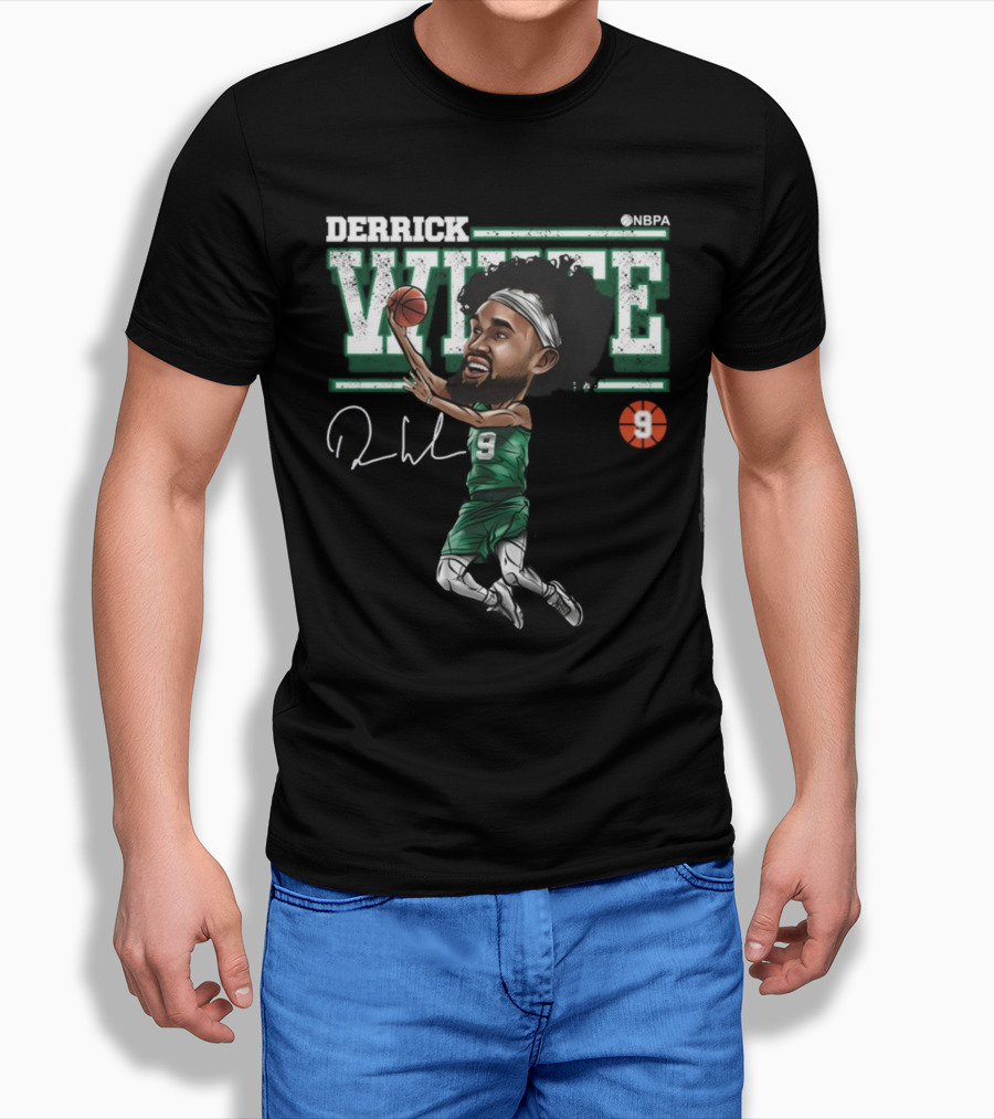Derrick White NBPA Boston Basketball Cartoon Number 9 T-Shirt