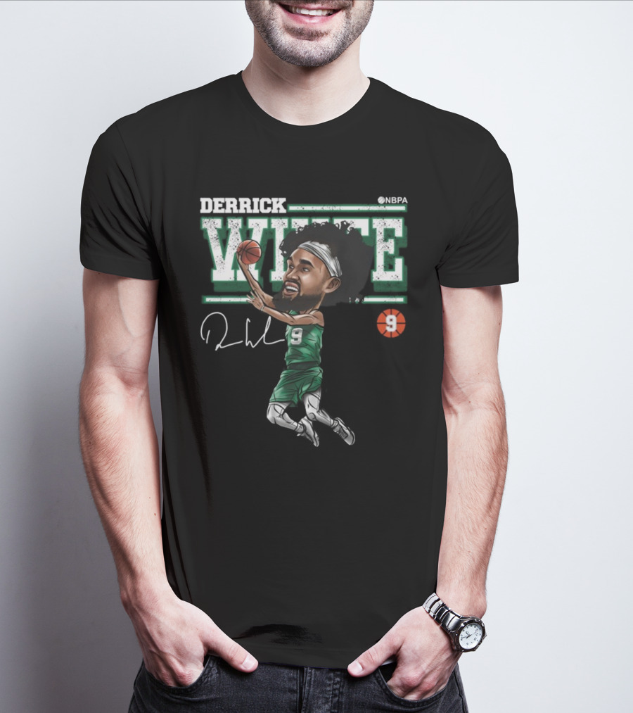 Derrick White NBPA Boston Basketball Cartoon Number 9 T-Shirt