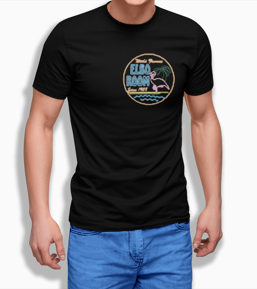 World Famous Elbo Room Since 1938 Neon Flamingo And Palm Tree T-Shirt