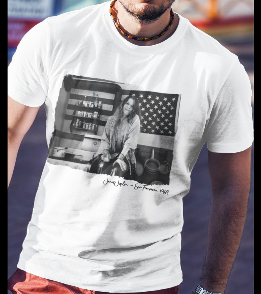 Janis Joplin San Francisco 1969 Kitchen Scene With American Flag T-Shirt