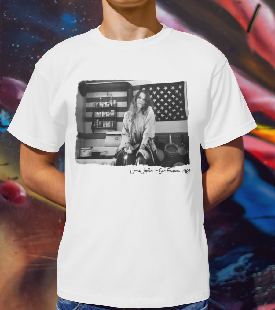 Janis Joplin San Francisco 1969 Kitchen Scene With American Flag T-Shirt