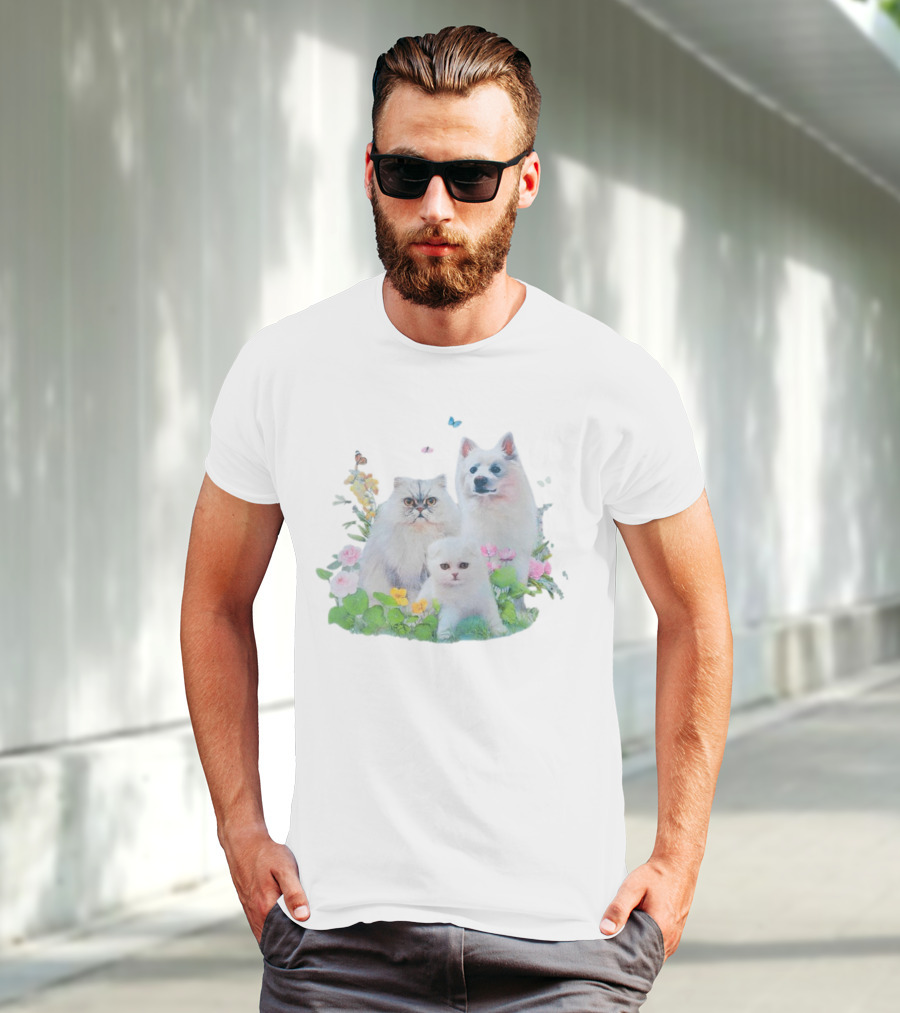 Qtcinderella Pet Animals With Cats And Dog In Floral Pastel Garden T-Shirt