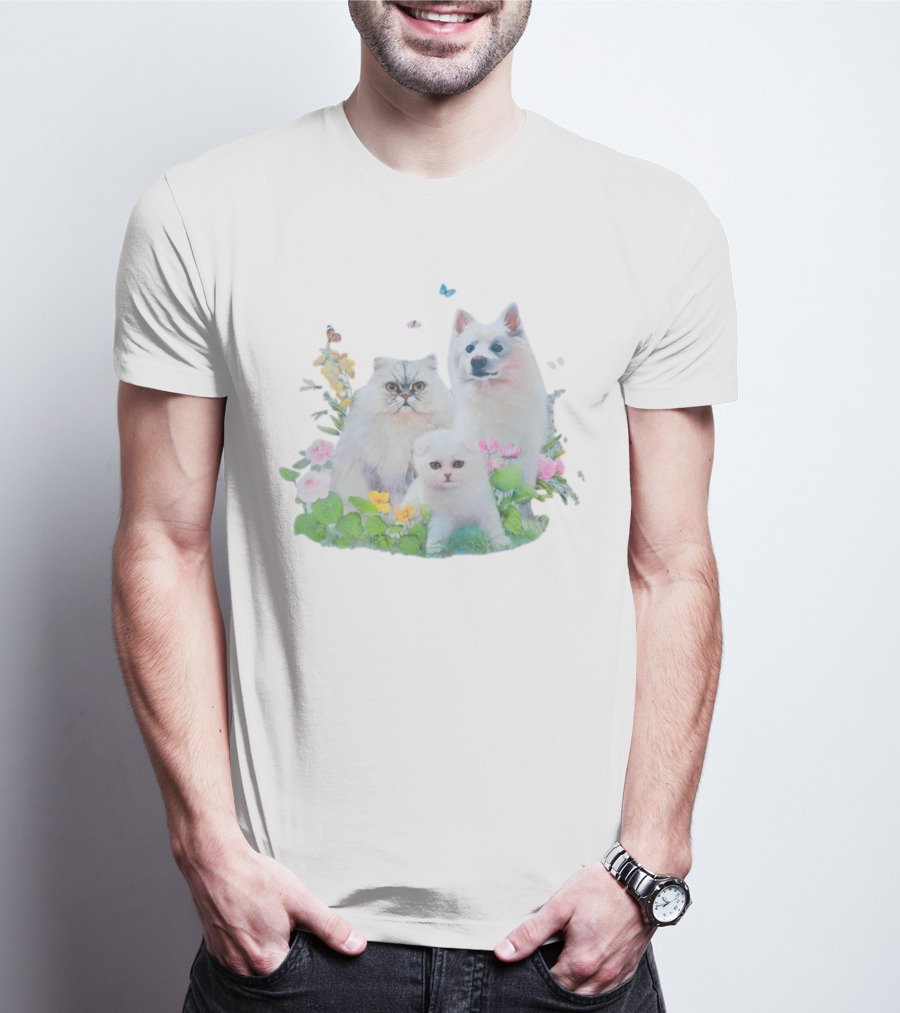 Qtcinderella Pet Animals With Cats And Dog In Floral Pastel Garden T-Shirt