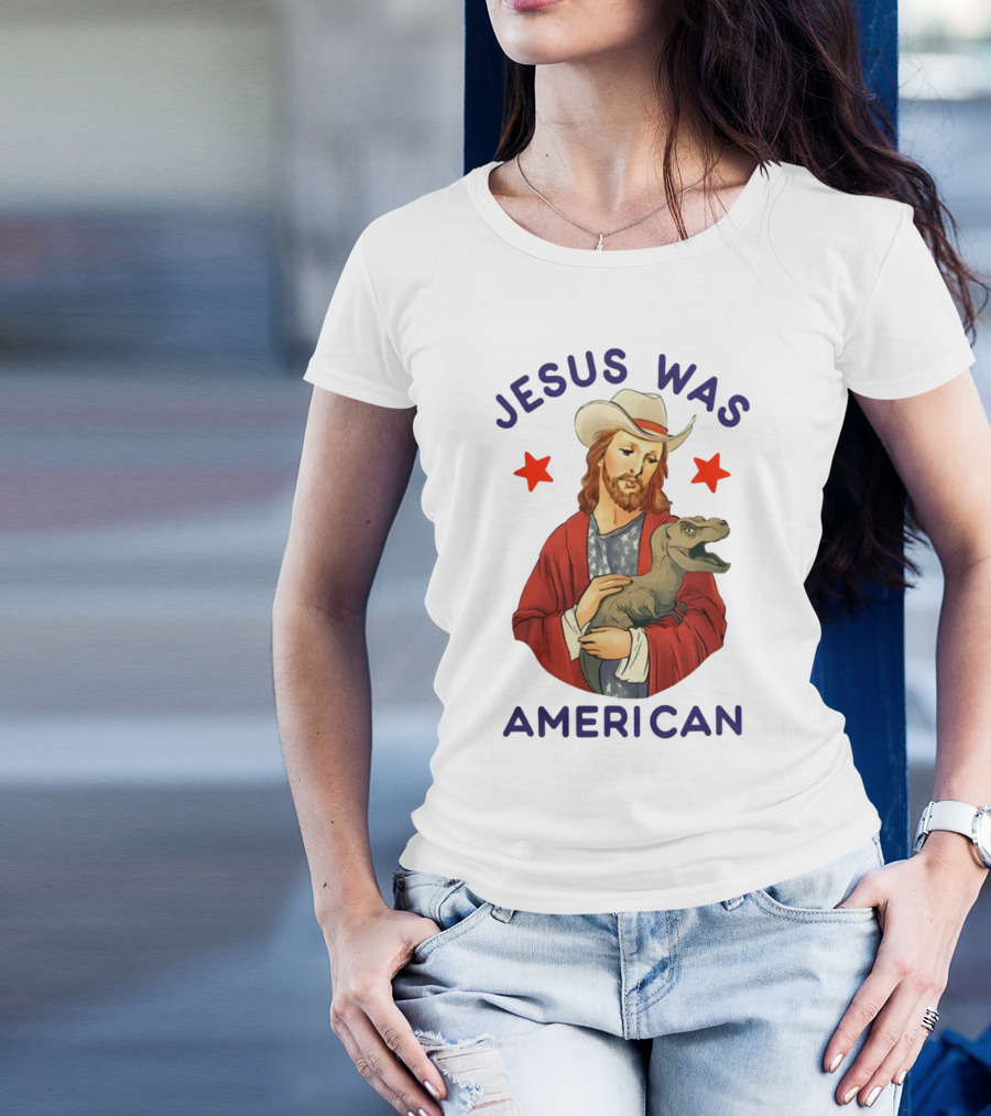 Jesus Was American Holding Dinosaur In Cowboy Hat With Stars T-Shirt