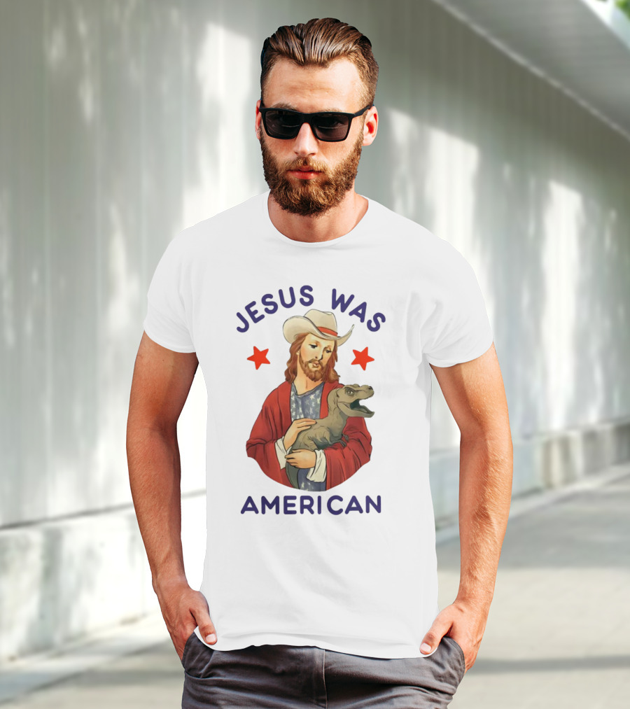 Jesus Was American Holding Dinosaur In Cowboy Hat With Stars T-Shirt