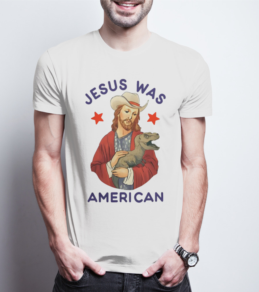 Jesus Was American Holding Dinosaur In Cowboy Hat With Stars T-Shirt